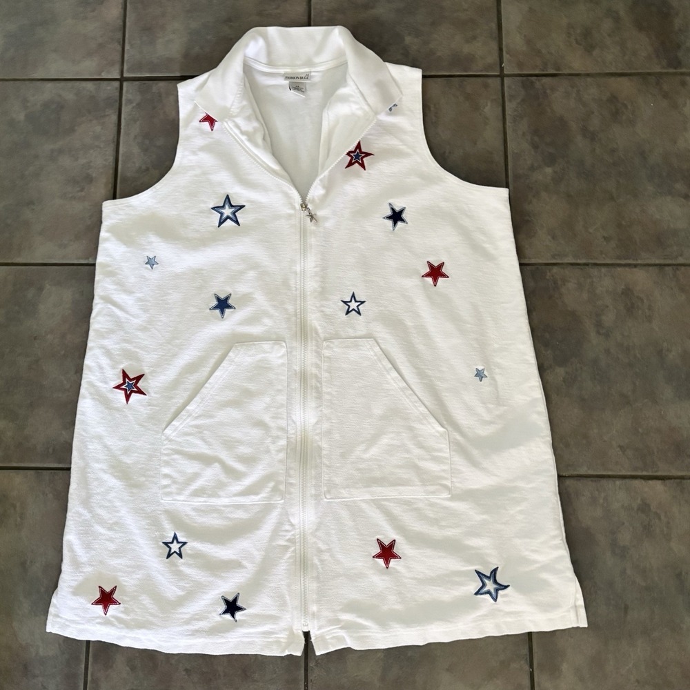 Fashion Big Womens White Embroidered Stars Zip Up Cover Up Sleeveless Size 2XL